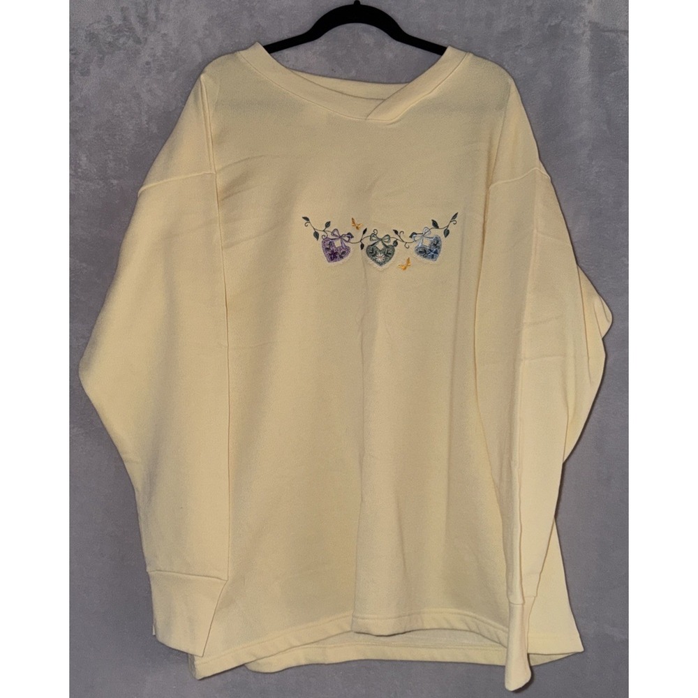 Vtg Cherokee USA 3X Yellow Embroidered Hearts Sweatshirt Cottagecore Gramdmacore